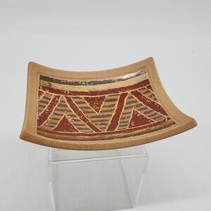 Vintage Geometric Ceramic Sushi Dish With Striped Triangles Gold Red Japan